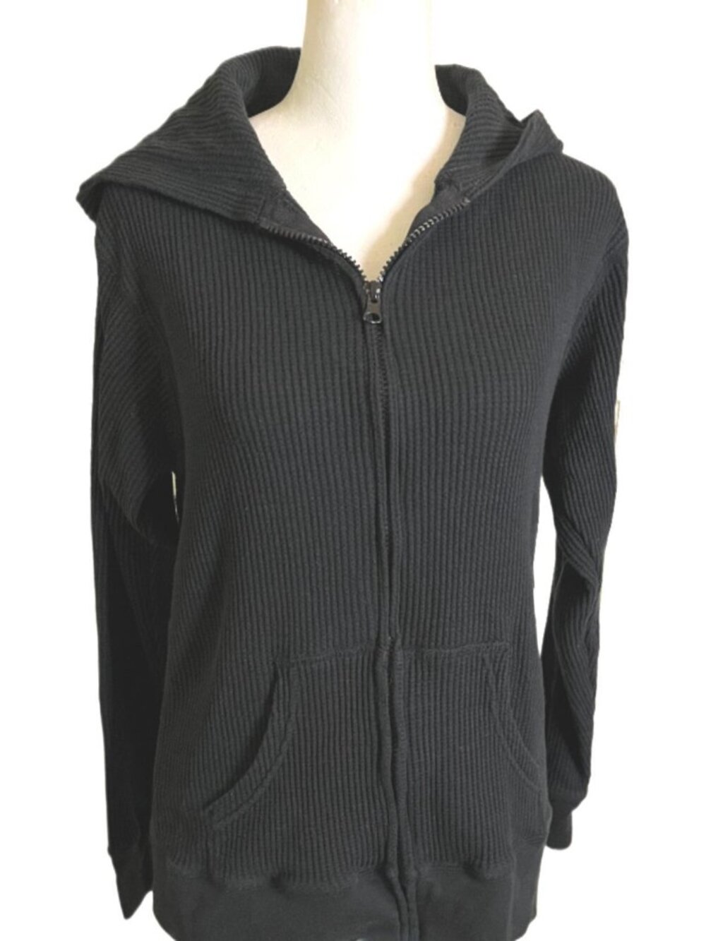 J. America Vanity Black Waffle Knit Full-Zip 2 Pocket Hoodie Size Medium